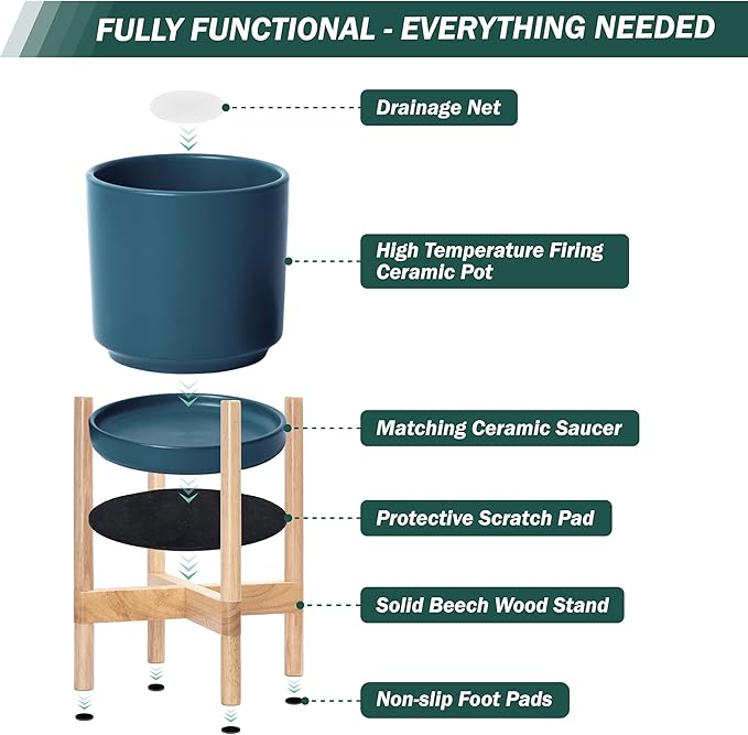 D'vine Dev Ceramic Planter with Natural Stand - 12 Inch Modern Round Flower Pot with Wood Planter Holder, Teal, 55-B-J-4-Ruum Studio Home