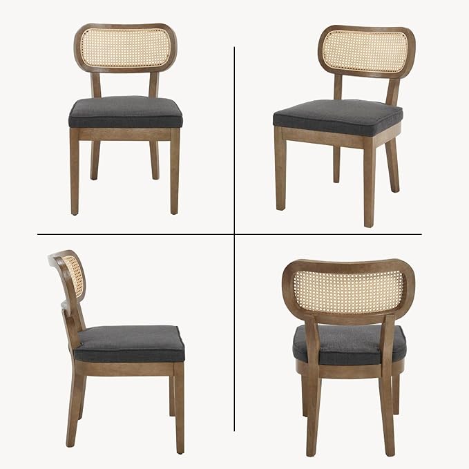 Rattan Dining Chairs Set of 2 Upholstered Linen Kitchen & Dining Room Chair with Curved Backrest Farmhouse Kitchen Chair Solid Wood Armless Side Chair for Dining Room/Restaurant, Black-Ruum Studio Home