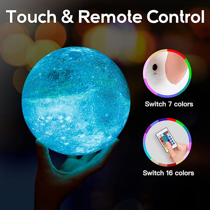 BRIGHTWORLD 7.1inch Galaxy Lamp 16 Colors Moon Lamp 3D Printing, Remote & Touch Control USB Rechargeable, Birthday Gifts for Women Room Decor Aesthetic（Black Hand Base）-Ruum Studio Home