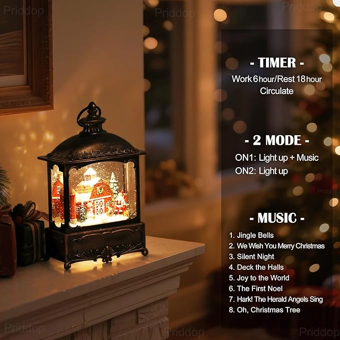 Christmas Snow Globe Lantern Christmas Decorations Gifts Barn Snowman Santa Claus Cardinal Winter Farm Scene Musical Glitter Snowfall USB/Battery Timer 12 inch-Ruum Studio Home