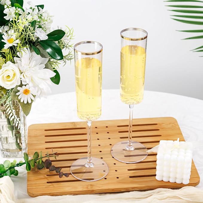 Ciaell 24 Pack Plastic Champagne Flutes - 6Oz Gold Rim Disposable Champagne Glasses - Square Clear Plastic Toasting Glasses for Party Birthday Anniversary Wedding-Ruum Studio Home
