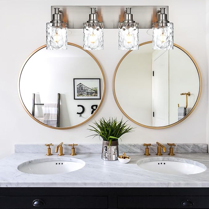 BONLICHT 4-Light Bathroom Vanity Light Fixture Brushed Nickel Industrial Wall Sconce Lighting with Hammered Glass Shade for Living Room Bedroom Hallway Porch Workshop Dressing Table-Ruum Studio Home