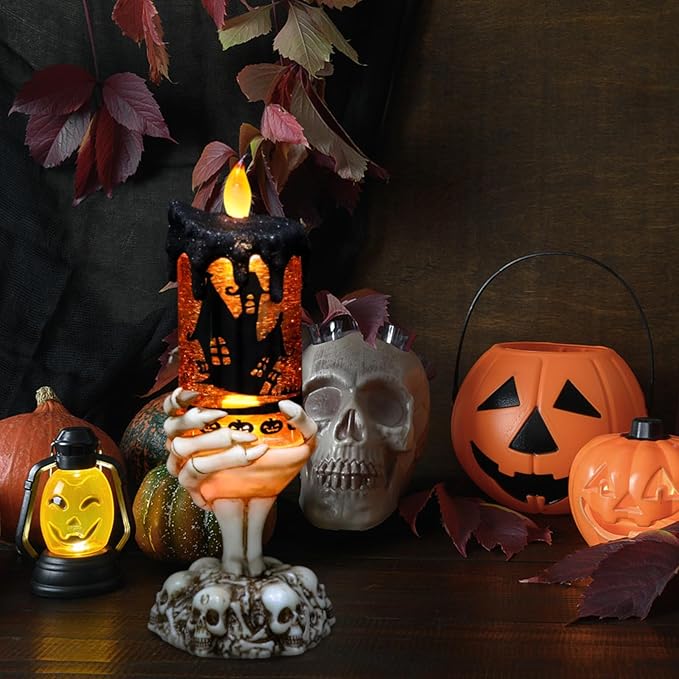Eldnacele Halloween Snow Globe Candles Lighted Lamp USB Powered Battery Operated Spooky Spinning Water Glittering Tornado Flameless Candles Skeleton Hand Holder Halloween Centerpiece Decor(Castle)-Ruum Studio Home