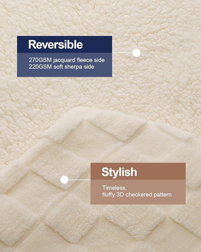Pawque Super Soft Cozy Throw Blanket Queen Size for Couch Bed, Fluffy Sherpa Fleece Reversible Thick Warm Fuzzy Blanket for All-Season, 3D Checkered Jacquard Decorative Blankets, Cream White, 90"x90"-Ruum Studio Home