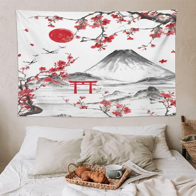 Red Cherry Blossoms Tapestry, Japanese Fuji Mountain Tapestry, Asian Japanese Wall Tapestry, Nature Landscape Tapestries for Bedroom Living Room Decor 90"x60"-Ruum Studio Home