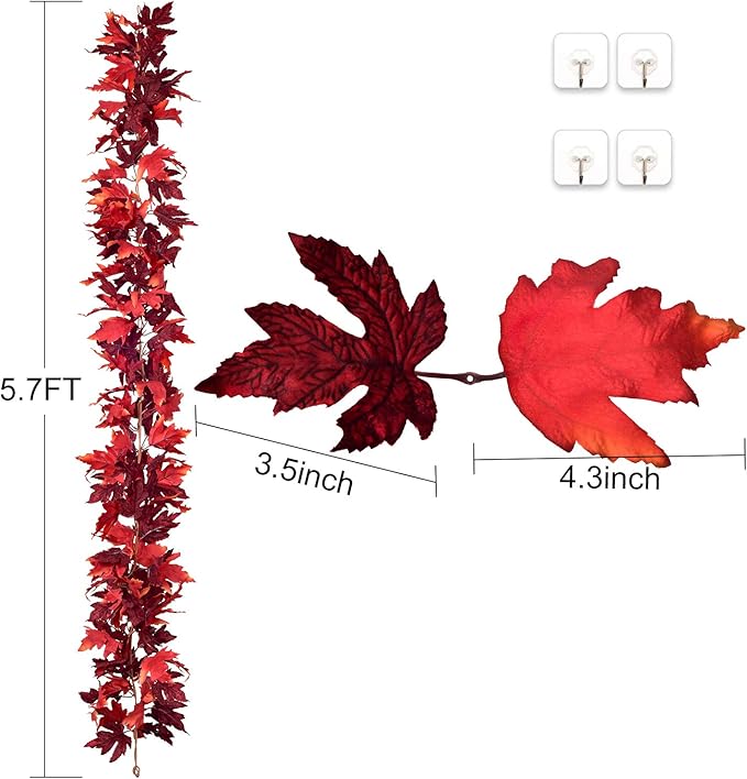 DearHouse 2 Pack Fall Garland Maple Leaf, 5.9Ft/Piece Hanging Vine Garland Artificial Autumn Foliage Garland Thanksgiving Decor for Home Wedding Fireplace Party Christmas (Dark Red)-Ruum Studio Home
