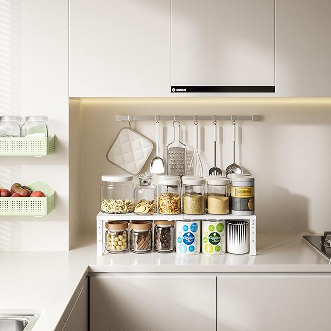 Expandable,Adjustable & Stackable Spice Rack, Cabinet Kitchen Countertop Shelf Organizer,Metal Pantry Storage Shelves - Space-Saving Storage Solution(1Pack/White/Large)-Ruum Studio Home