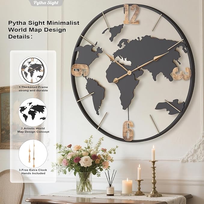 36 Inch Oversized Giant Extra Large Modern Decorative Metal World Map Wall Clock,Big Vintage Gold Arabic Numeral Wall Clocks for Living Room,Entryway,Office,Fireplace,Dining Room-Ruum Studio Home