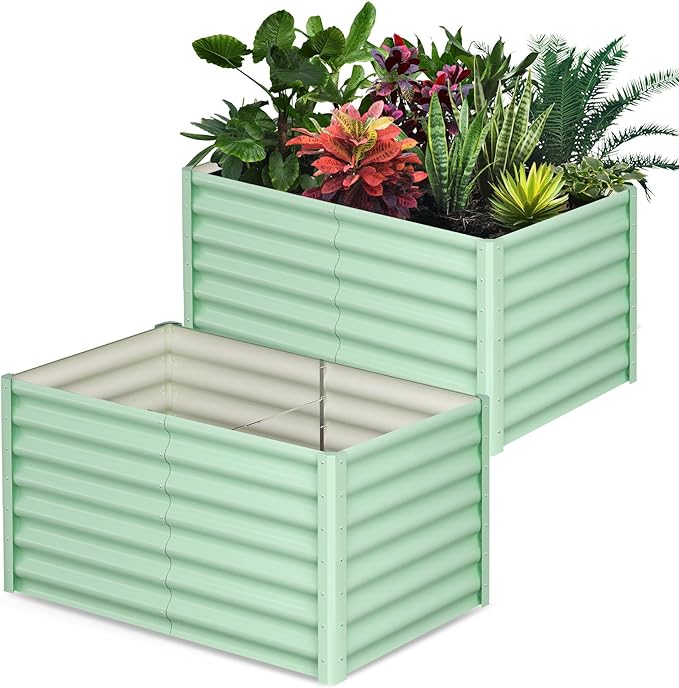 Galvanized Raised Garden Bed Outdoor, 2 Pcs 6x3x2FT Outdoor Large Planter Raised Beds Open Base with Safety Edge and Glove for Vegetables Flowers Ground Planter, Green-Ruum Studio Home