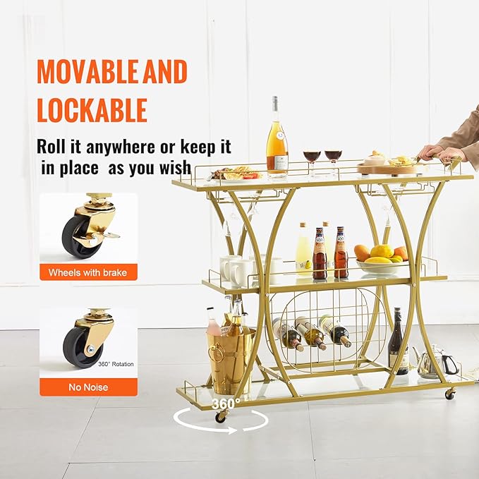 VEVOR Bar Cart Gold, 3 Tiers Home Bar Serving Cart on Lockable Wheels, Rolling Alcohol Cart with Tempered Glass Shelves Guardrail Wine Rack, Modern Wine Cart for Home Kitchen Dining and Living Room-Ruum Studio Home