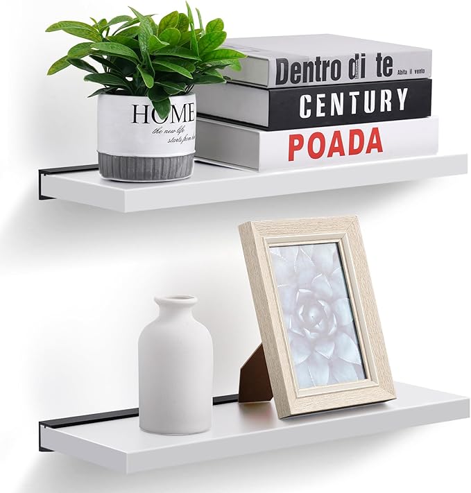 Meangood Floating Shelves White 17 inch Wall Mounted Natural Bamboo Wood Wall Storage Shelves for Bedroom,Living Room,Bathroom, Kitchen（Set of 2）-Ruum Studio Home