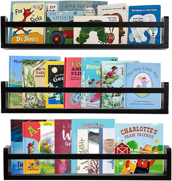 AZSKY Classic Nursery Book Shelves Black Wooden Floating Shelves Wall Bookshelf for Bathroom Decor Kitchen Spice Rack Organizer Kids Room 24 Inch Set of 3-Ruum Studio Home