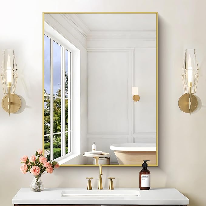 30x40In Gold Bathroom Mirror for Wall, Brushed Gold Rectangle Mirrors with Metal Frame, Bathroom Rectangular Mirror Modern Wall Mirror for Bedroom Living Room, Hangs Horizontal or Vertical-Ruum Studio Home
