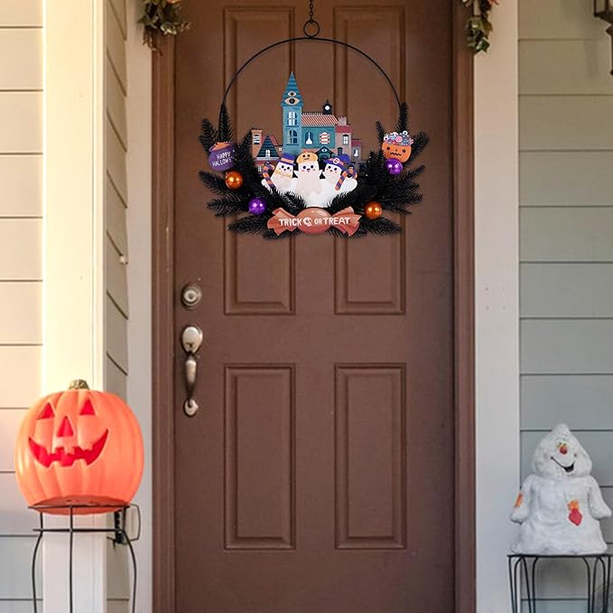 Lighted Halloween Wreaths for Front Door, Welcome Metal Wooden Door Wreath Decor Hanging Sign, 30 LED Lighted Wall Decor Battery Operated for Halloween Indoor Outdoor (Ghost)-Ruum Studio Home
