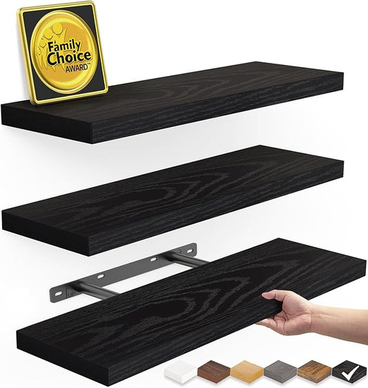BAYKA Floating Shelves for Wall, Wall Mounted Rustic Wood Shelves for Bathroom, Bedroom, Living Room, Kitchen, Hanging Shelf for Books/Storage/Room Decor with 22lbs Capacity (Black, Set of 3, 15.7in)-Ruum Studio Home