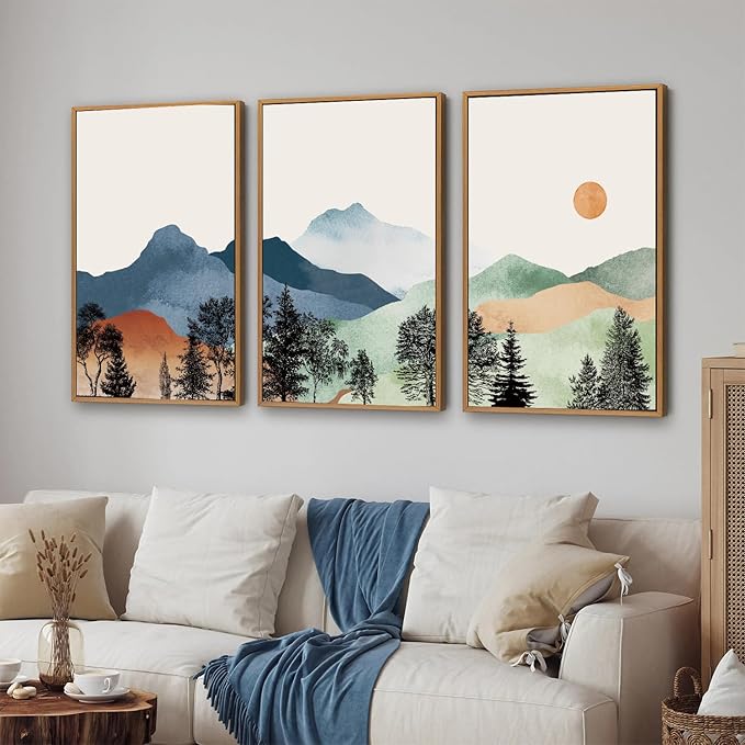 SIGNINART Boho Mountain Framed Canvas Wall Art Set of 3, Watercolor Nature Landscape Set Art Prints, Modern Sunrise Art Paintings, Green Forest Wall Decor for Living Room, Bedroom, Office 16"x24"x3-Ruum Studio Home