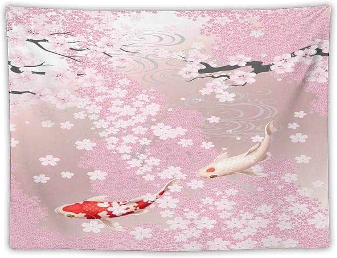 Houselerax Japanese Koi Fish Tapestry, Cherry Blossoms Asian Oriental Pink Flower Branch Koi Fish Carp Tapestries Wall Hanging for Bedroom Living Room Office Decor 80"x60"-Ruum Studio Home
