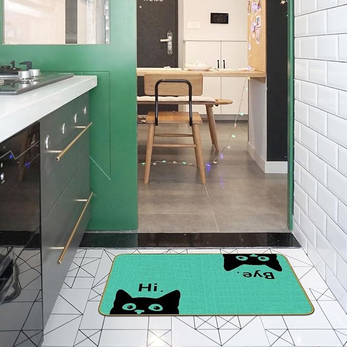 Mingnei Hi Bye Cat Welcome Doormat for Home Kitchen Entrance, Funny Black Cat Lover Floor Mat for Indoor/Outdoor Entryway Rug 30x17 (Green)-Ruum Studio Home