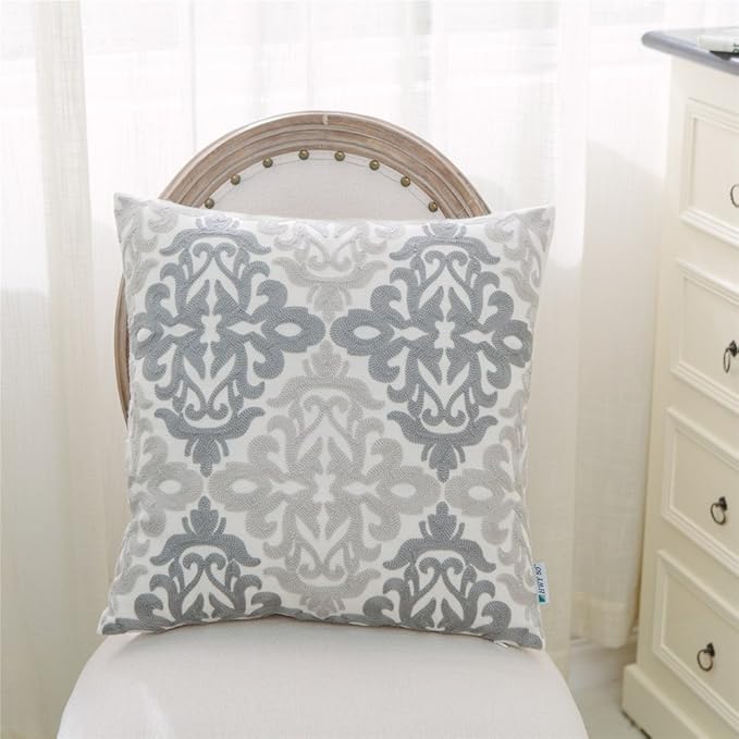 HWY 50 Gray Grey Decorative Throw Pillow Covers 18x18 Inch, Pack of 2 Embroidered Linen Farmhouse Cushion Cover Pillow Case for Sofa Couch Living Room Bed Bedroon, Accent Geometric-Ruum Studio Home