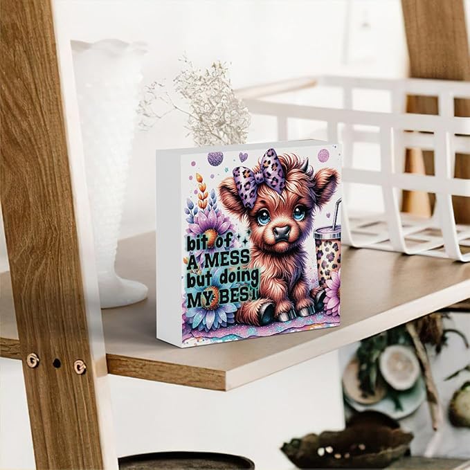 Highland Cow Baby Decor, Highland Cow Sunflower Decor, Highland Cow Gifts for women, Highland Cow Nursery Decor, Wooden Box Decor Sign for Home Farmhouse Office Living Room Table Shelf Tiered-Ruum Studio Home