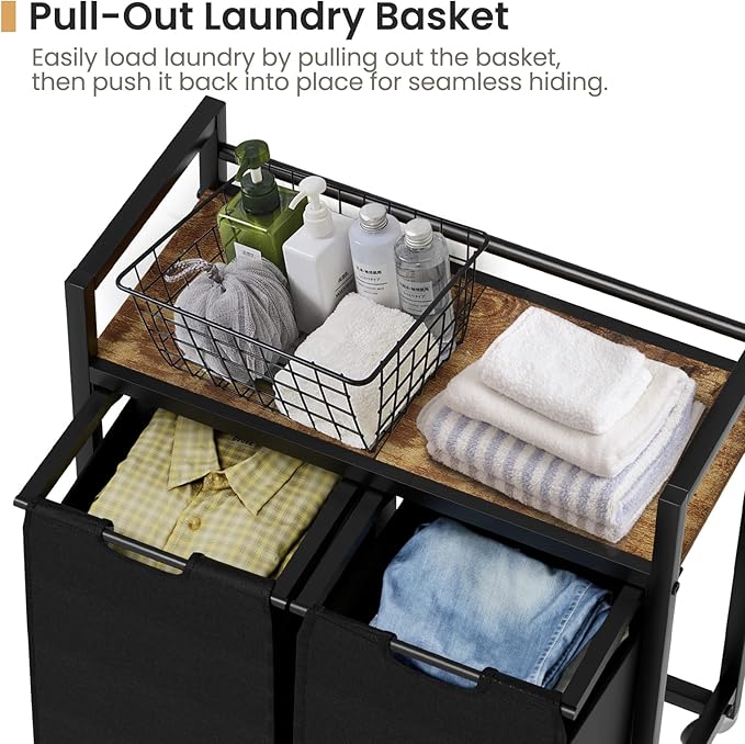 Laundry Hamper, Laundry Basket, Laundry Sorter with 2 Removable Bags, Clothes Basket with 2 Compartments, Wheels, Shelf for Laundry Room Bathroom Bedroom (2 Bags-Black)-Ruum Studio Home