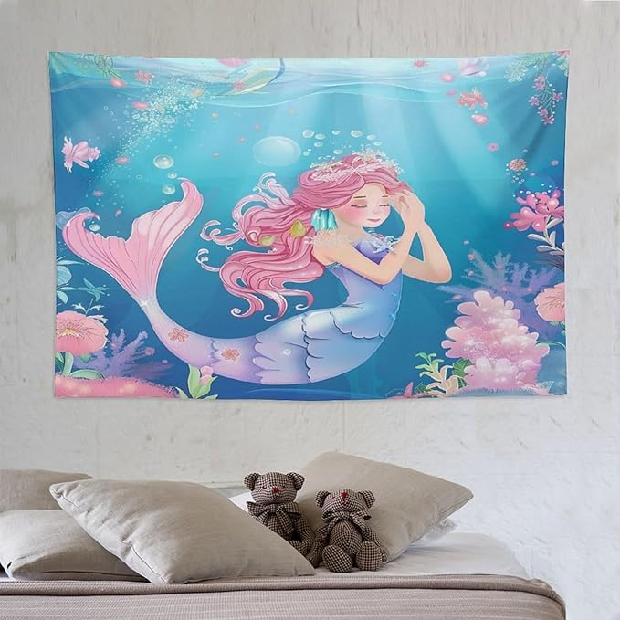 HZOHNAGO Mermaid Girls Tapestry Watercolor Flowers Mermaid Princess Blessing Pattern for Kids Room Decoration Printed Wall Tapestry Wall Hanging for Bedroom Living Room Dorm 90" W x 60" H-Ruum Studio Home
