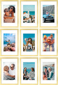 Vittanly 11x17 Picture Frames Set of 9, Shatter Resistant Plexiglass, Display 8x12 Pictures with Mat or 11x17 without Mat, Photo Frames for Wall Mount, Engineered Wood, Gold-Ruum Studio Home