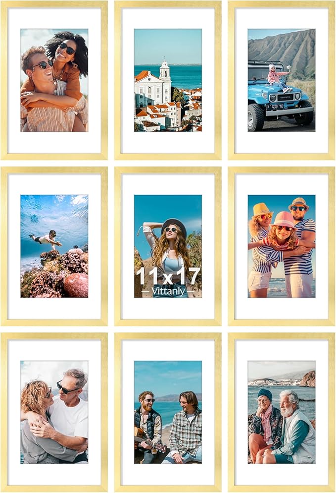 Vittanly 11x17 Picture Frames Set of 9, Shatter Resistant Plexiglass, Display 8x12 Pictures with Mat or 11x17 without Mat, Photo Frames for Wall Mount, Engineered Wood, Gold-Ruum Studio Home
