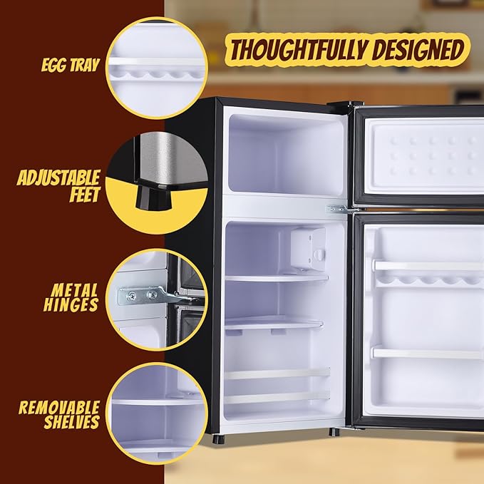 2.4 Cu.ft Mini Fridge Small Refrigerator with Freezer Dual Door Dorm Fridge for Personal Senven Temp Gear Suit for Apartment, Bedroom, Rv Silver-Ruum Studio Home