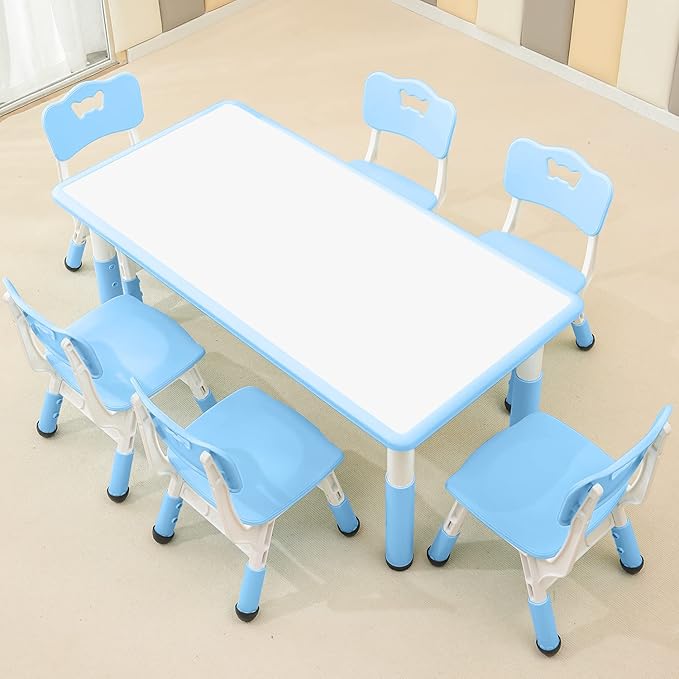 Children's Table and Chair Set Suitable for Boys and Girls Age 2-12 Height Adjustable Table top Can be Painted with 6 Seats Suitable for Family Learning Daily use (Sky blueBlue)-Ruum Studio Home