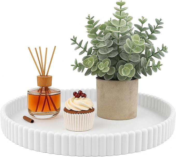 11.8in Decorative Tray for Coffee Table Decor- Modern Oval Concrete Tray for Home Decor- Minimalist Handcrafted Centerpieces Tray for Living Room, Kitchen Dining Table, Entryway (White)-Ruum Studio Home