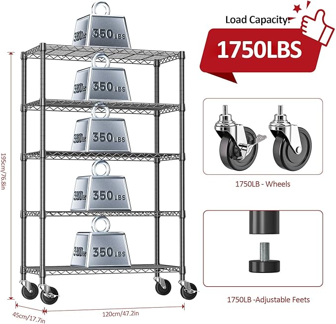 IZEUK 5-Tier Storage Shelving Unit with Wheels, Adjustable Heavy Duty Steel Wire Rack Organizer (Black, 17.7" D x 47.2" W x 76.7" H, 1750 lbs Capacity) for Garage, Kitchen, Office, Laundry, Basement-Ruum Studio Home