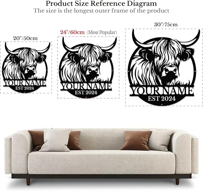 Personalized Highland Cow Name metal Signs,Custom Highland Cow Metal Shed Wall Decor,Black Metal Wall Art Plaques Outdoor wall Decorative Signage (Style F)-Ruum Studio Home