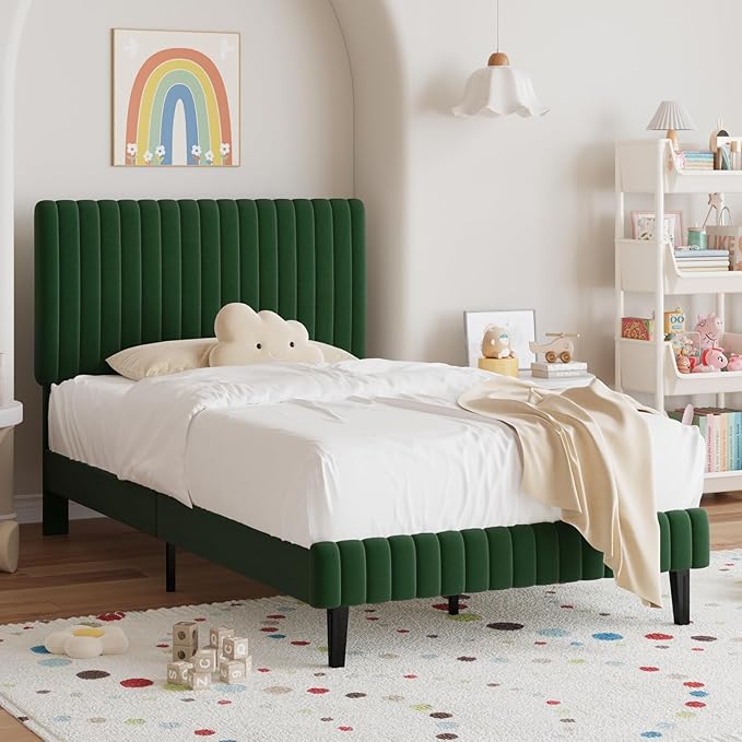 Twin Bed Frame, Velvet Upholstered Platform Bed with Vertical Channel Tufted Headboard and Footboard, No Box Spring Required, Easy Assembly, Green-Ruum Studio Home