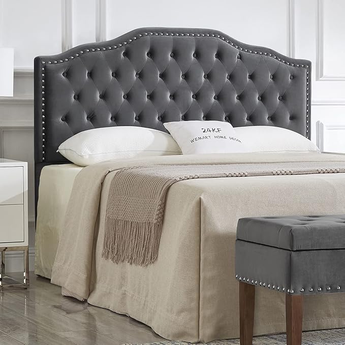 24KF Upholstered Button Tufted Queen/Full Size Headboard with Nailhead Trim, Soft Velvet Fabric - Dark Gray-Ruum Studio Home