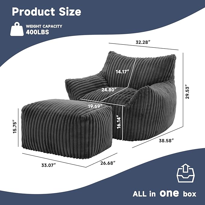 Giant Bean Bag Chairs for Adults, Oversized Chaise Lounge Chair Indoor with Memory Foam - Plush Boneless Lounger & Ottoman for Bedroom, Living Room, Gaming & Reading, Lazy Floor Sofa Chair, Gray-Ruum Studio Home
