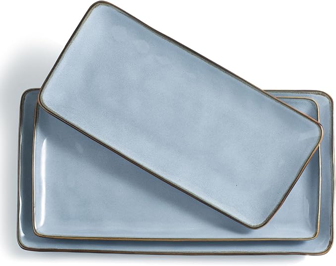 famiware Serving Platter, Rectangular 15.67/14.1/12.6inch Serving Dishes for Entertaining, Reactive Glaze, Stoneware Serving Trays for Party, Food, Turkey, Snack, Cheese, Ocean Series, Blue-Ruum Studio Home