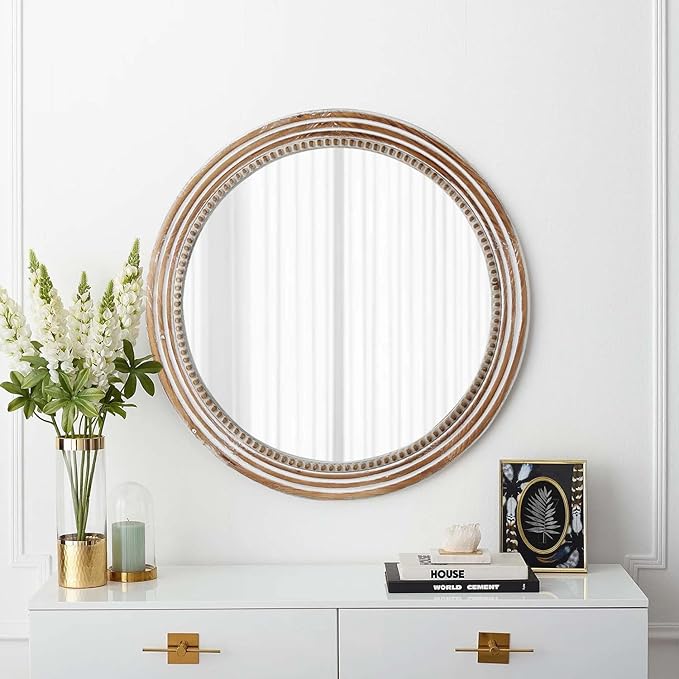 24 Inch Rustic Round Mirror - Farmhouse Vintage Bathroom Vanity Mirror, Wall-Mounted Round Mirrors for Bathroom Sink, Bedroom & Living Room and Framed Decorative Restroom Mirror-Ruum Studio Home