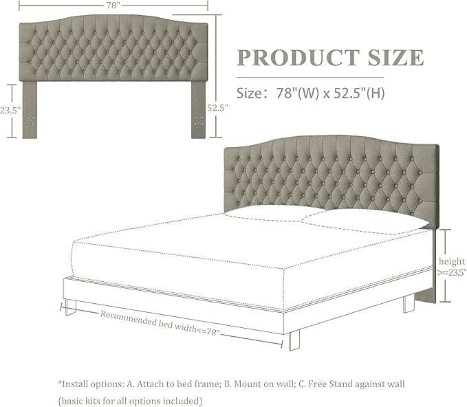 Velvet Upholstered Headboard King/Cal King Size Latest Model Wall Mount, Bed Frame Mount, Featuring High-Density Sponge Padding, Luxury Texture Easy Assembly and Style-Taupe-Ruum Studio Home