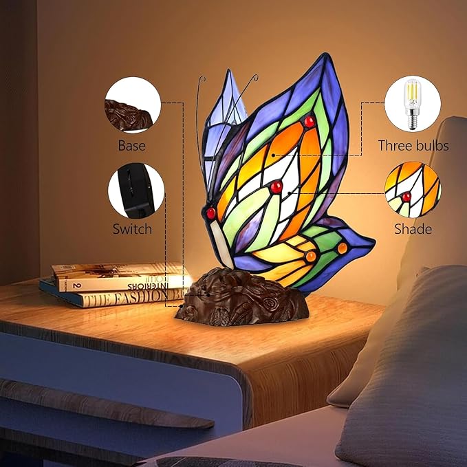 Tiffany Butterfly Table Lamp, 9'' Tall Vintage Stained Glass Lamp, Fairy Reading Night Light for Bedroom Living Room, 1 LED Bulb Included-Ruum Studio Home