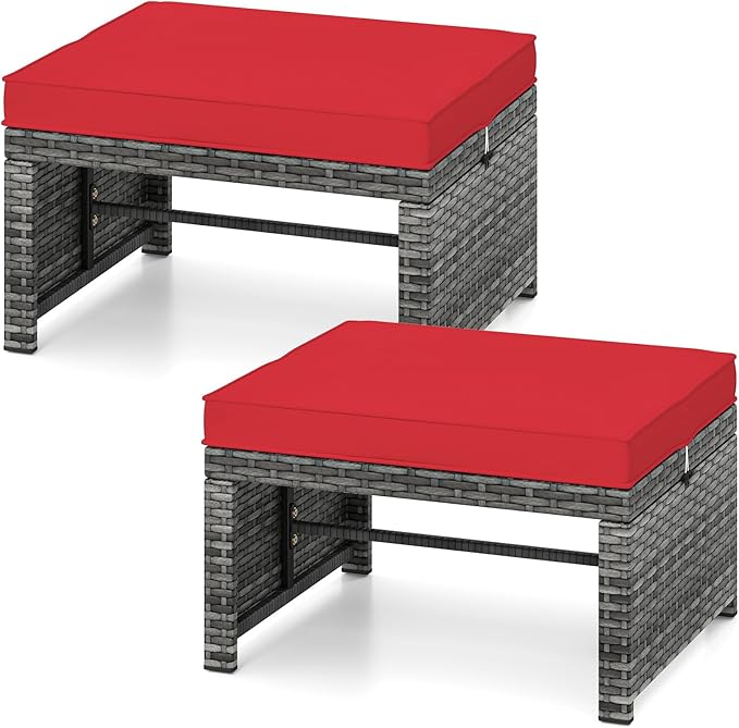 Tangkula 2 Pieces Patio PE Rattan Ottomans, Multipurpose Outdoor Footstool Footrest Additional Seating Side Table with Soft Zippered Cushions for Deck, Garden, and Yard (Red)-Ruum Studio Home