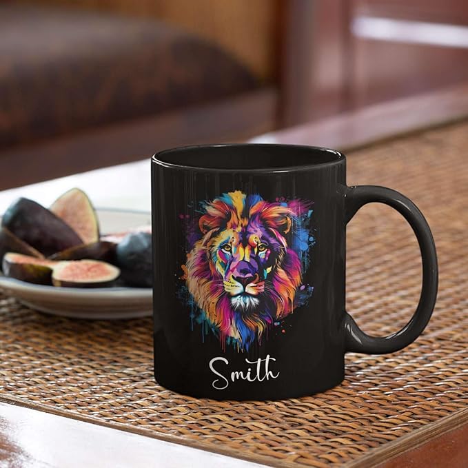 Personalized Lion Black Mug, Gift For Son Grandson, Custom Lion Coffee Cup With Name, Customized Colorful Animal Design Mug, Unique Animal Lover Cup 11oz 15oz-Ruum Studio Home