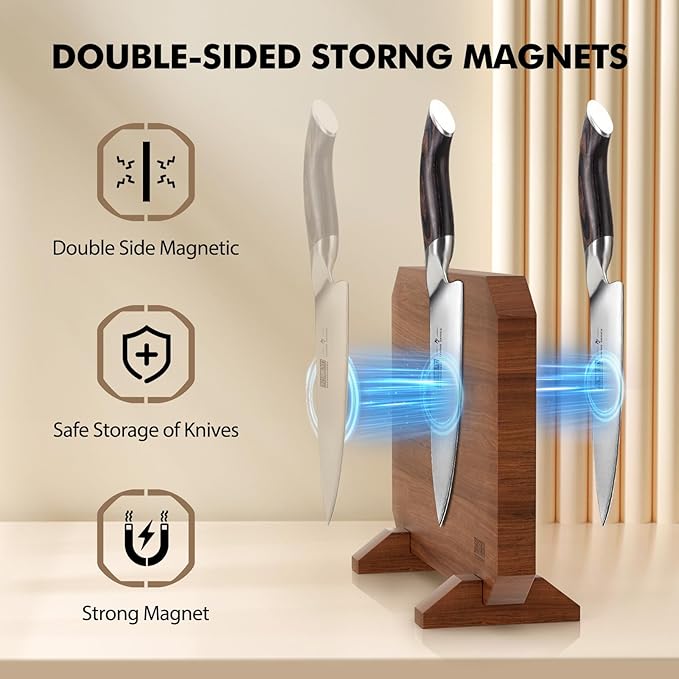 Magnetic Knife Block, Thickened Acacia Wood Kitchen Knife Holder Stand with Strong Magnets, Multifunctional Double Side Knife Storage Organizer for Kitchen Counter-Ruum Studio Home