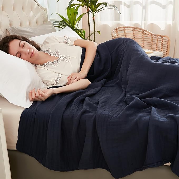 EMME Cotton Throw Blanket for Couch Soft Muslin Blankets 50"x60" Lightweight Breathable Blanket All Season Gauze, Navy-Ruum Studio Home