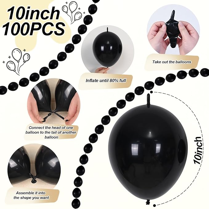 Black Linking Balloons, 100PCS Linked Balloon with Tail for Balloon Wall Arch and Chains, Quick Linkable Balloons for Wedding Birthday Baby Shower Engagement Graduation Party Decorations (10inch)-Ruum Studio Home