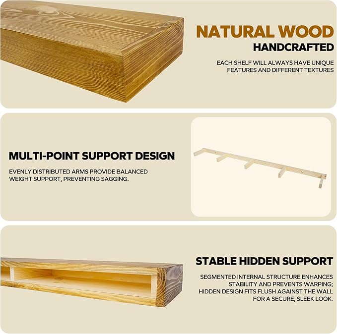 Floating Shelves 3 inch Thick for Wall Set of 2,Solid Pine Wood Wall Mount Shelf for Kitchen Living Room Bedroom Bathroom,8" D x 60" L x 3" H-Gold Oak-Ruum Studio Home
