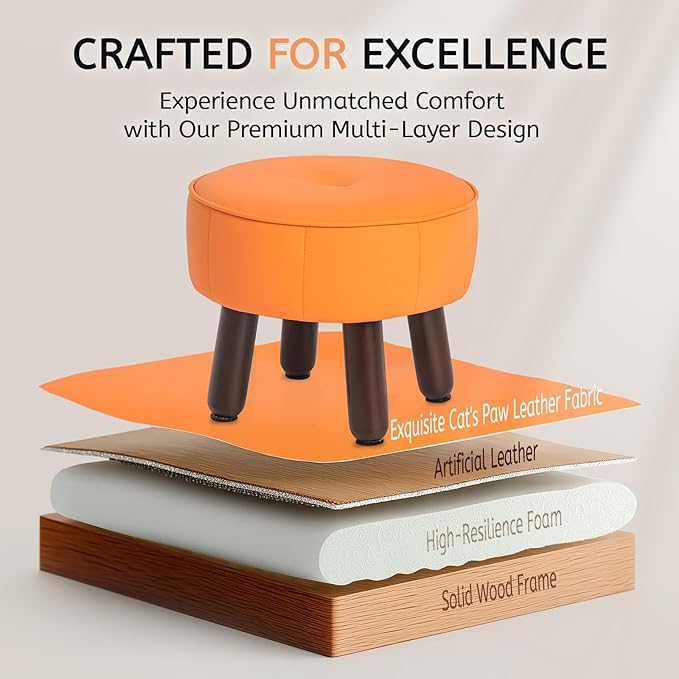 13in Small Foot Stool Ottoman, Round Faux Leather Foot Rest for Couch, Under Desk Pouf Footstool Footrest with Non-Skid Rubber Legs for Ling Room, Bedroom, 13''L x 13''W x 10.2''H, Orange-Ruum Studio Home