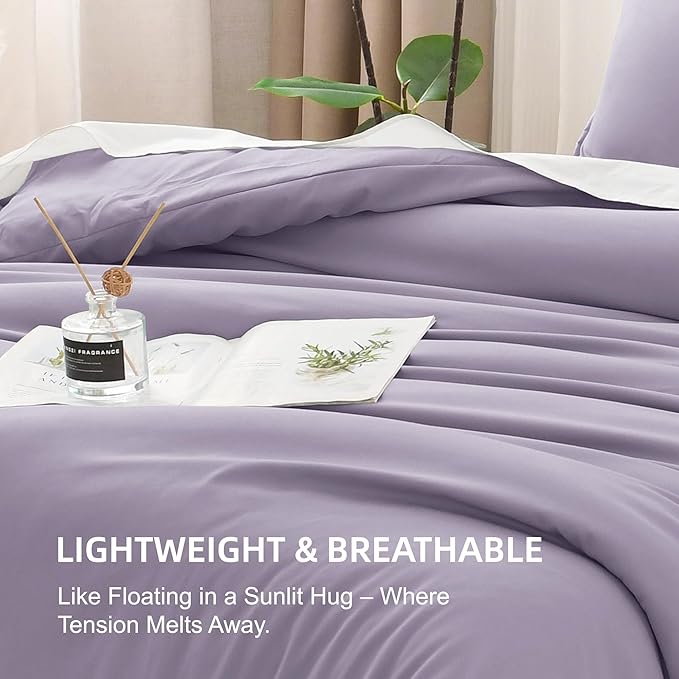 Litanika Grayish Lavender Purple Comforter Set King Size, 3 Pieces Lightweight Solid Bedding Comforter Set, All Season Fluffy Bed Set (104x90In Comforter & 2 Pillowcases)-Ruum Studio Home