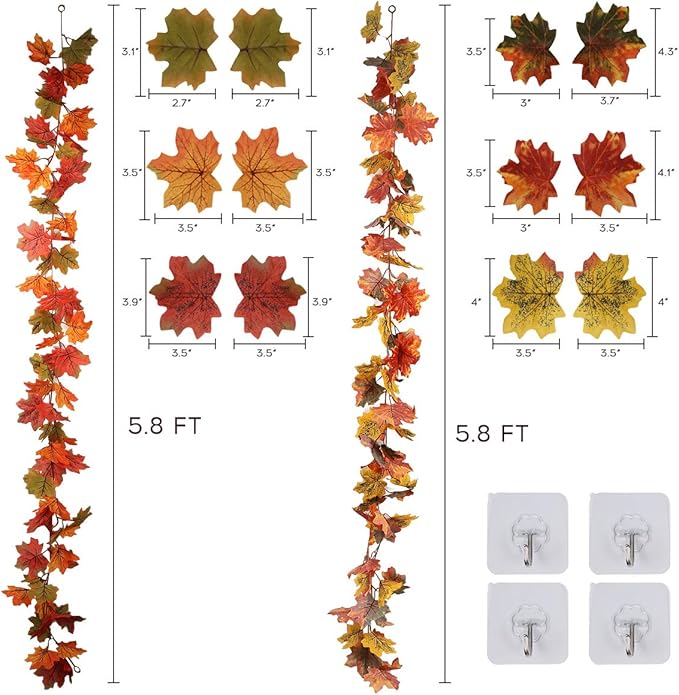 RECUTMS 2 Pack Fall Maple Garland - 5.8 FT/Pcs Autumn Hanging Fall Leave Vines for Home Garden Wedding Party Thanksgiving Dinner Fireplace Door Frame Doorway Backdrop Christmas Decor-Ruum Studio Home