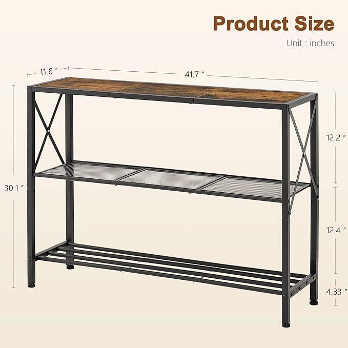 Hoctieon Industrial Console Table, 3 Tier Entryway Table, Hallway Table, Narrow Sofa Table with Shelves, Entrance Table for Entryway, Living Room, Foyer, Hallway, Office, Rustic Brown&Black-Ruum Studio Home